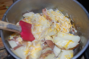 Adding the cheese and our cream to the hot taters.